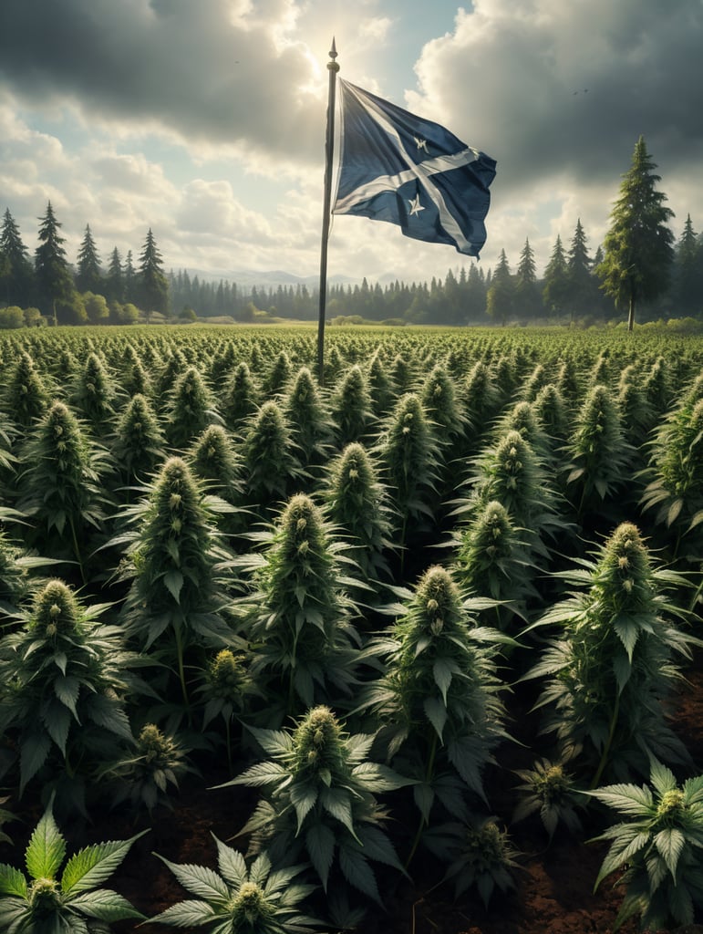 Image of a field of cannabis plants with a Scottish flag in the midground