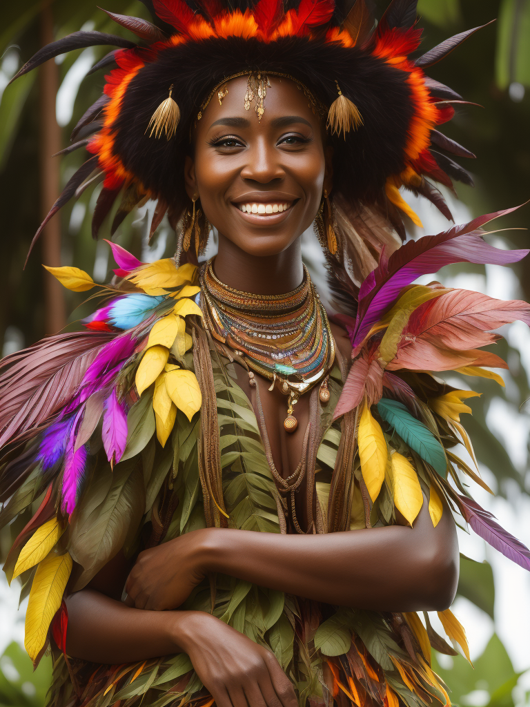 Papua New Guinea lady smiling, head dress, bright multi coloured feathers, chocolate brown coloured background of leaves , tropical, dramatic light, vibrant iridescent colours,