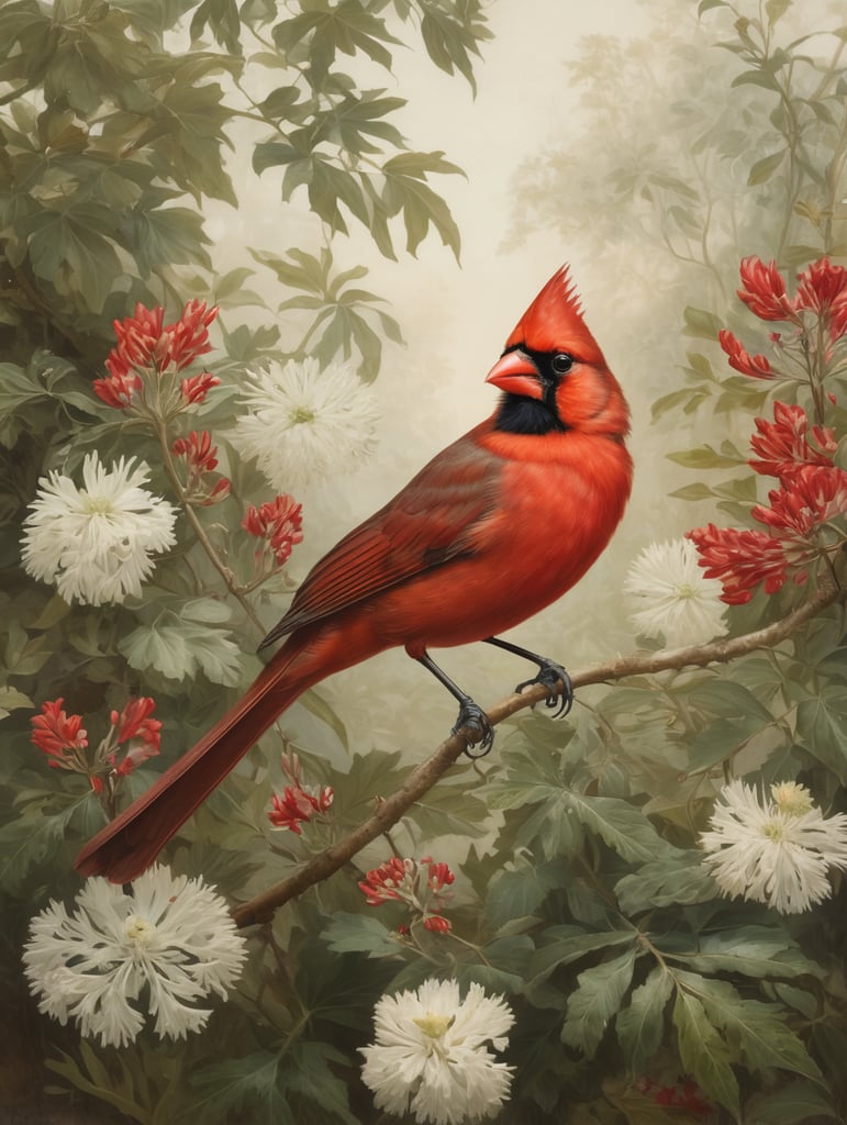 An Edwardian botanical oil painting, illustration of a red cardinal bird on a branch surrounded by flora and fauna