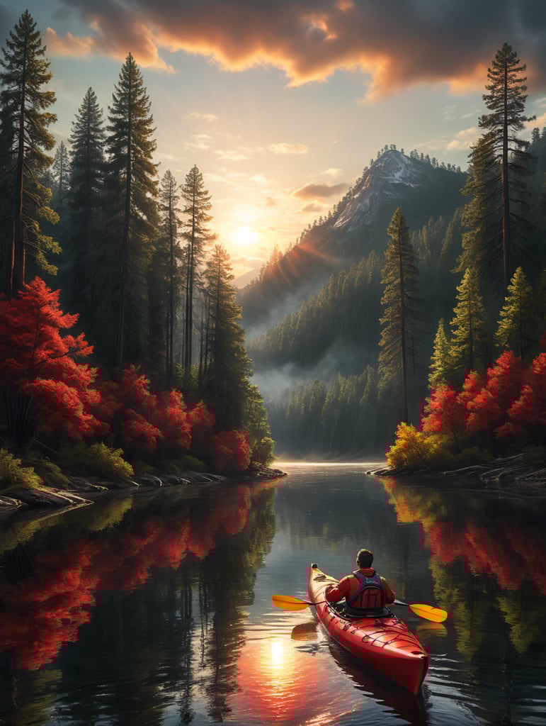 Человек в красной куртке сидит в байдарке. На реке. По бокам высокие сосны. впереди закатное солнце.