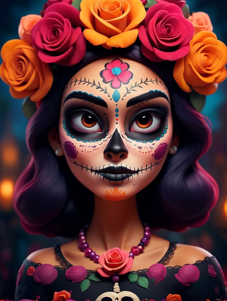 Portrait of Mexican beautiful catrina with roses on head Sugar skull makeup for day of dead in Mexico Dia de los muertos