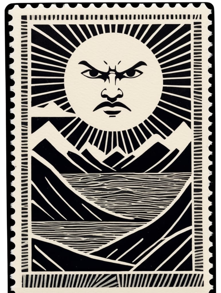 Black and white linocut postage stamp angry sun thick bold dark lines