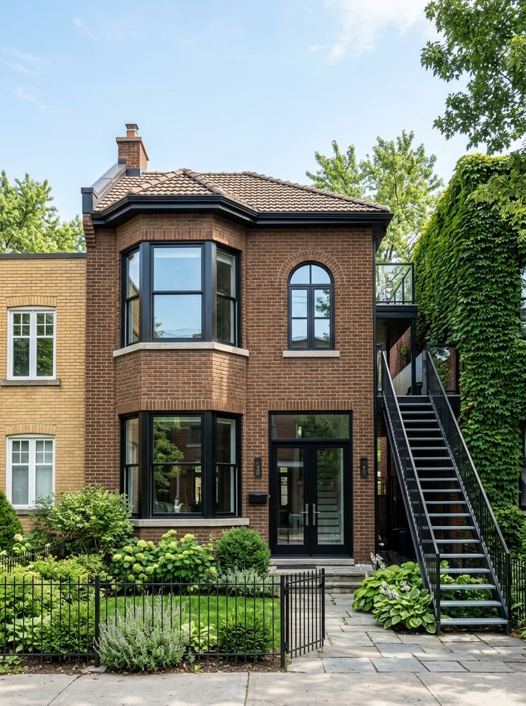straight-on architectural photography of a two-story brown brick house, stacked bay windows with black frames, arched window, modern glass double doors, metal staircase, black metal fence, small green garden, adjacent building covered in dense green ivy, yellow brick neighboring building, bright natural daylight, clear sky, sharp focus