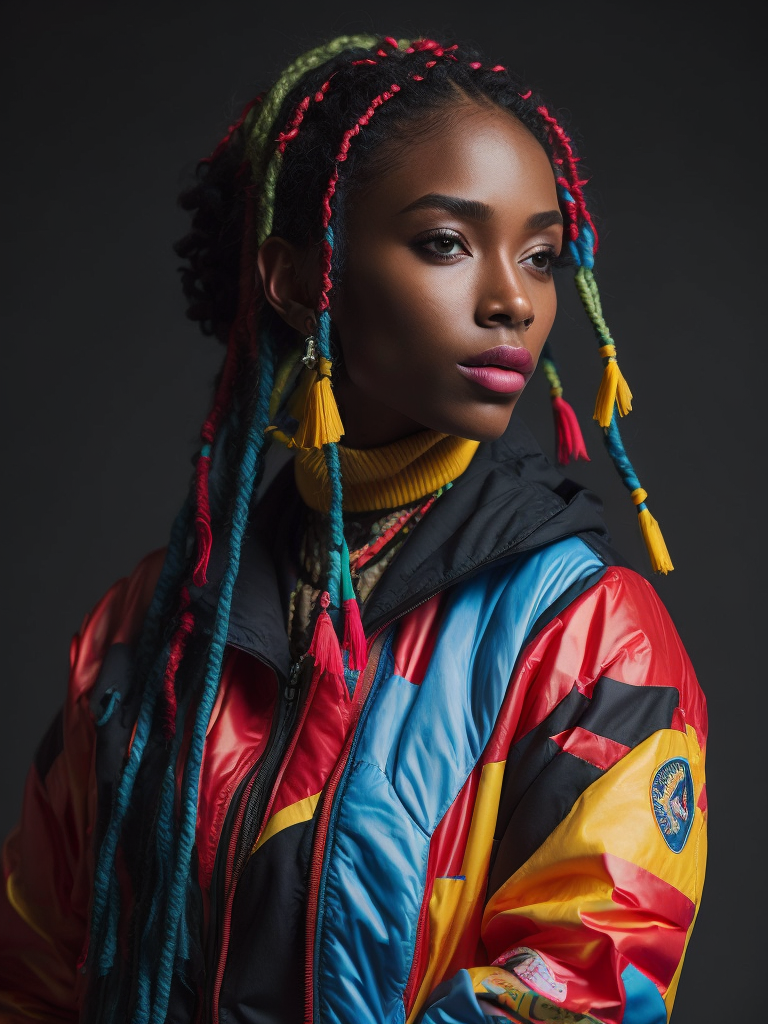 Beautiful dark-skinned girl with pigtails, bright elements woven into pigtails, bright makeup, multi-colored jacket, black background