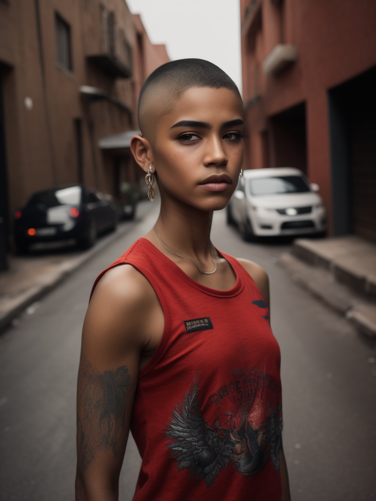 beautiful indigenous teen girl, buzz cut, tattoos, gang member, sleeveless red shirt,in an alley