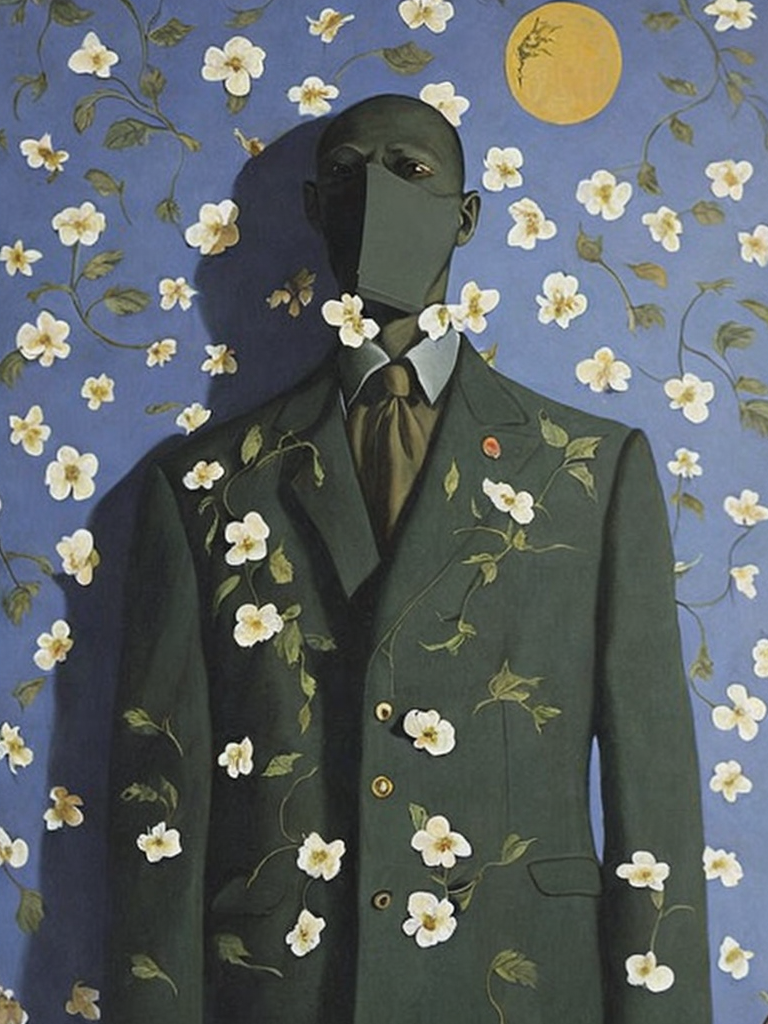 Man with body covered by flowers, painted by rené magritte