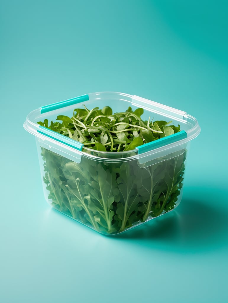 blank Transparent Plastic Container with Arugula Salad, isolated, cyan background, Mockup, mock up