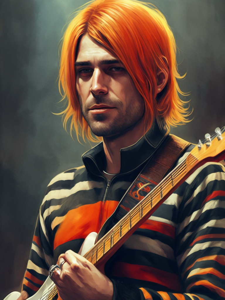 Kurt Cobain is wearing a black and red striped sweater, with an electric guitar, Vivid saturated colors, Contrast light, studio photo, professional photo, Detailed image, detailed face