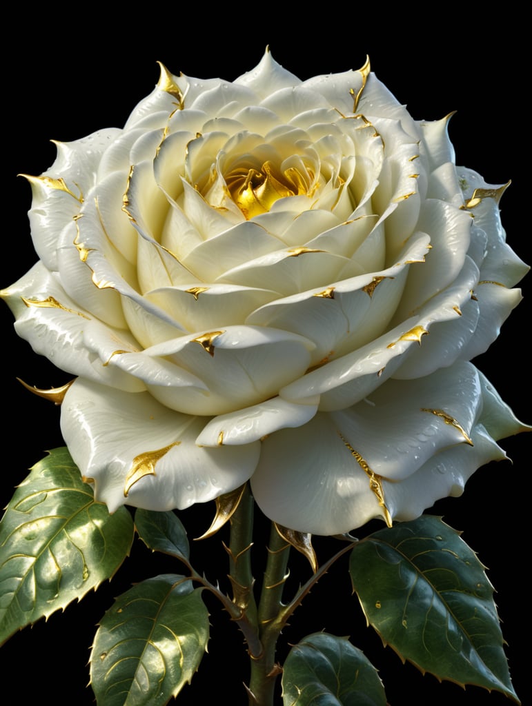 A large white rose with petals outlined in gold with a glistening green stem and big golden thorns