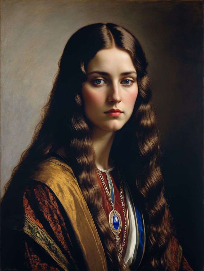 A masterpiece portrait by John Everet Millais of a beautiful saint woman, straight hair