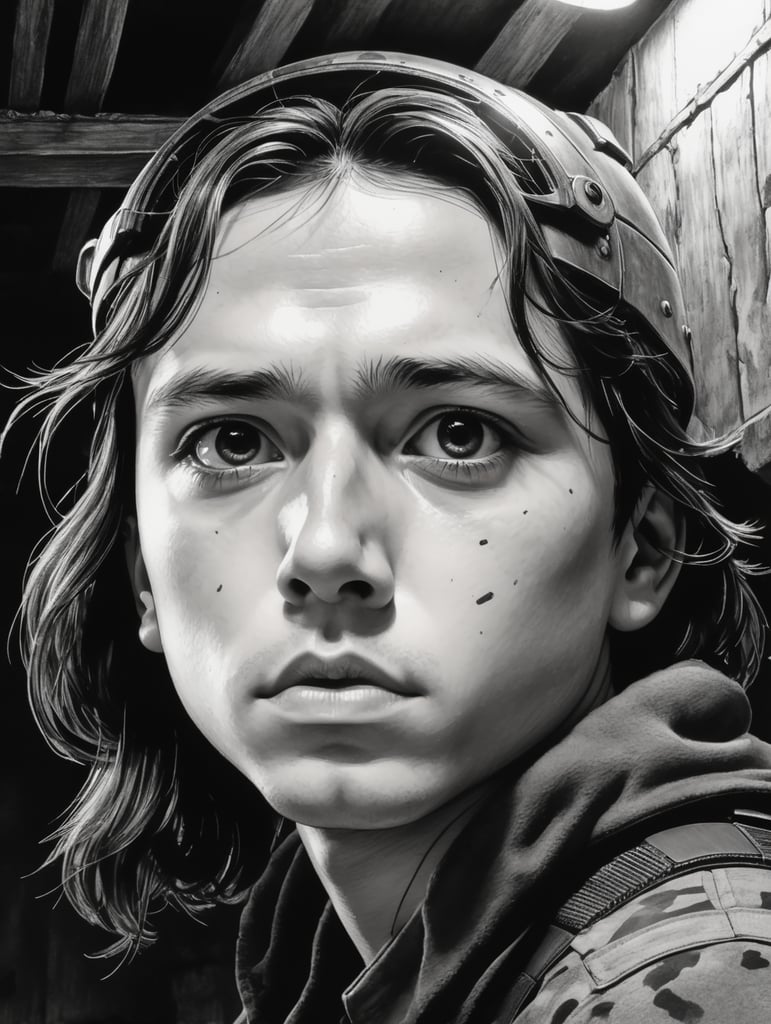 Ink pen sketch, low light, low detail, Close-up of a young soldier looking up in a basement. he's wearing a steel helmet with camo cover. His expression is a long distance gaze, full of apprehension