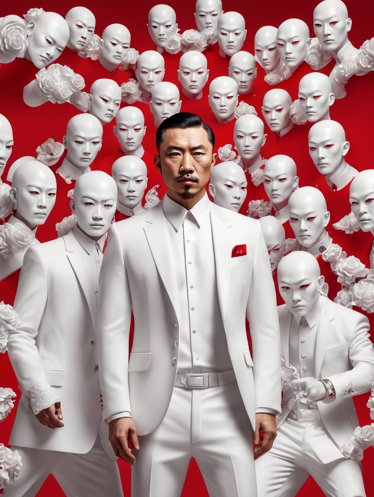 Chinese mafiosi, avant-garde, simplygo, photoshoot spread, dressed in all white, red background, harpers bizarre, cover, headshot, hyper realistic