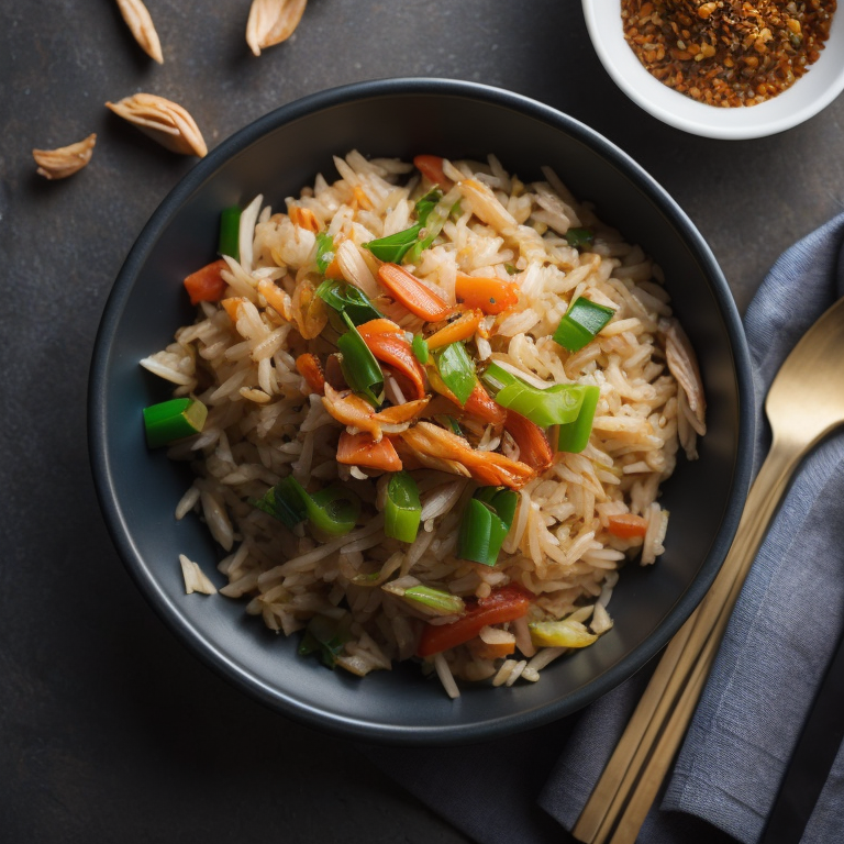 top view, thai style fried rice, shredded chicken, diced carrots, red pepper, green onions, bamboo shoot strips, chilli flakes, ginger, thai basil, unreal engine 5, very realistic, very detailed, realistic photography, 4k, 85 – mm – lens, sharp – focus, intricately – detailed, f 8, ISO 100, shutter – speed 1 125, diffuse – back – lighting, award – winning photograph, elle, small – catchlight, low – contrast, High – sharpness, depth – of – field, ultra – detailed photography, raytraced, global illumination
