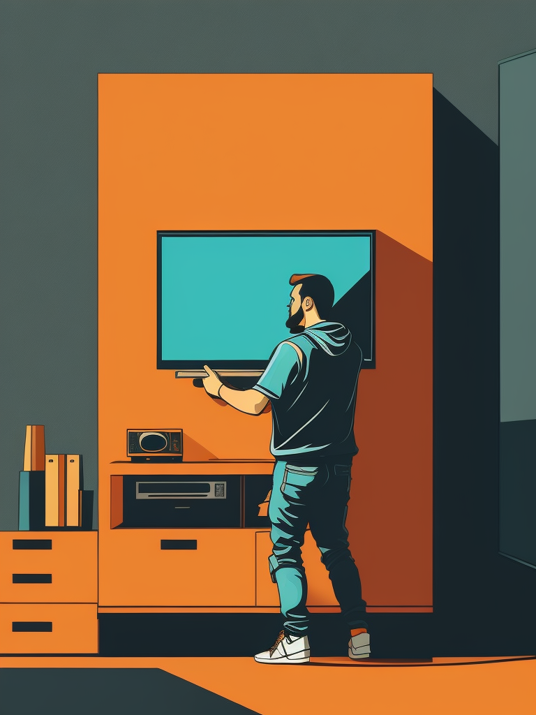 Minimalistic line art, a repair man installing a tv to a wall in a home, 2d, flat colors, shadowless