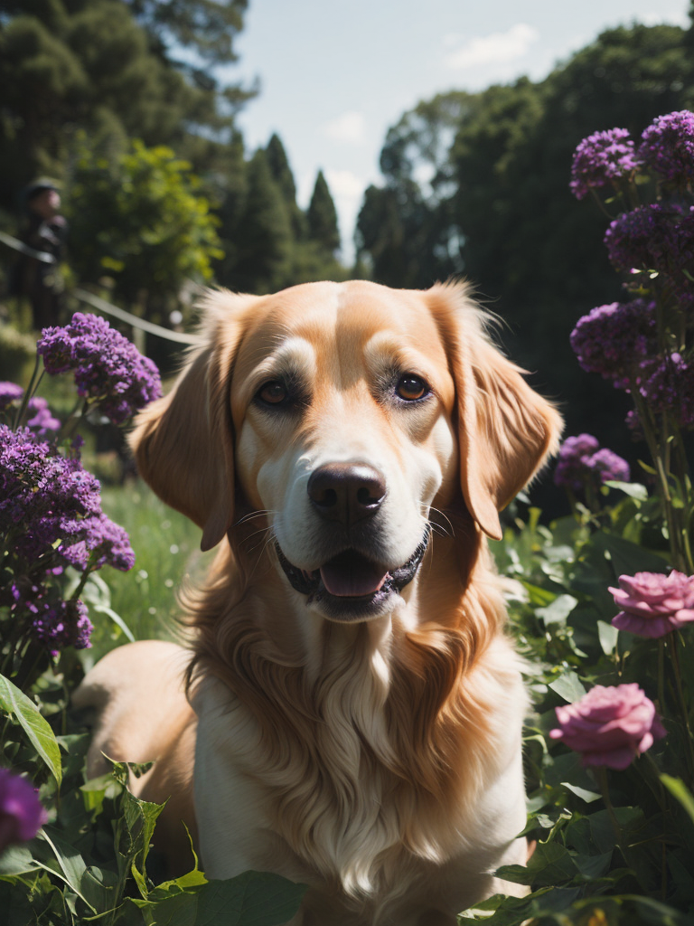 dog is sitting on a garden