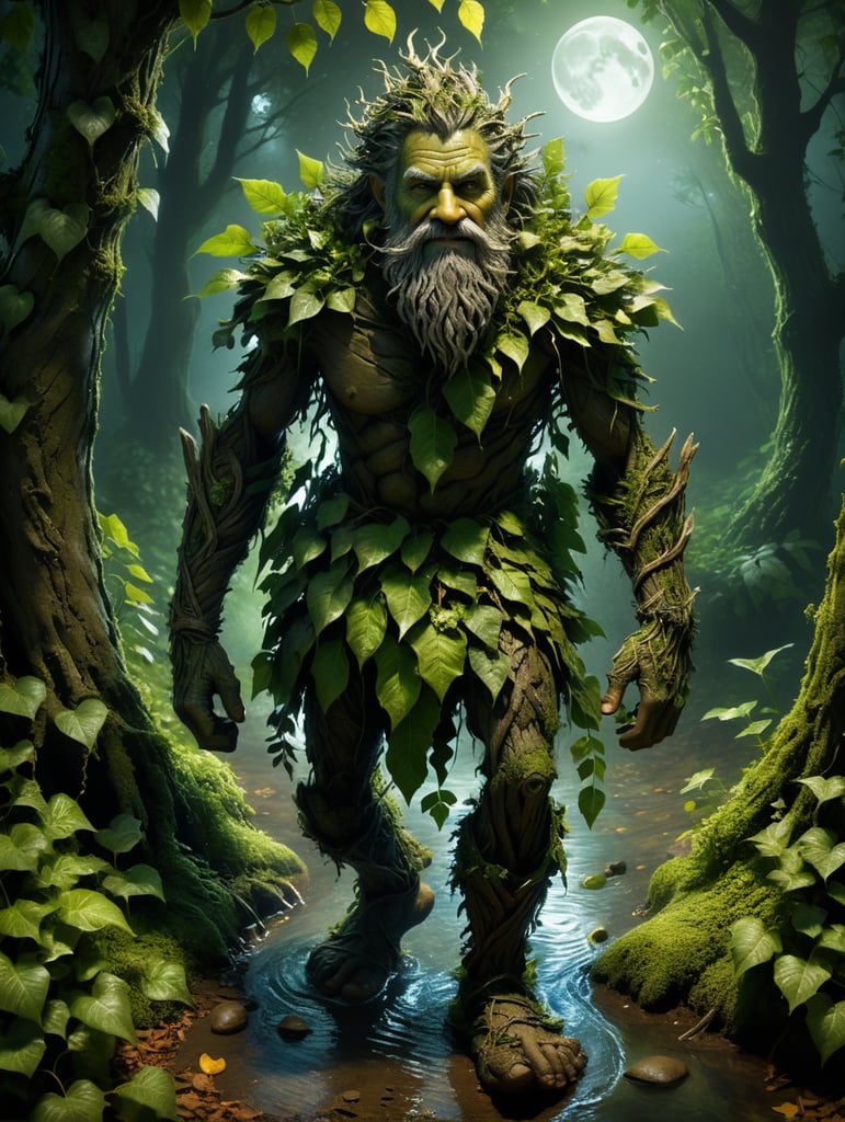 A small wood spirit dressed in ragged clothes made of leaves and bark, untidy hair, straggly beard, green skin and friendly faces walking, in a dark English wood at night. The only light coming from a silver moon. Sandals on his feet made of ivy. Standing beside a small pool of water. Surrounded by bushes.