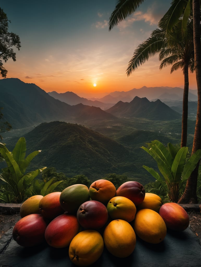 Couple of a Mango in a forest in front, unsharp background with sunset vibrant colors nature art scenic horizon mountain range skyline views artistic beauty colorful scenery nature photography sunset inspiration