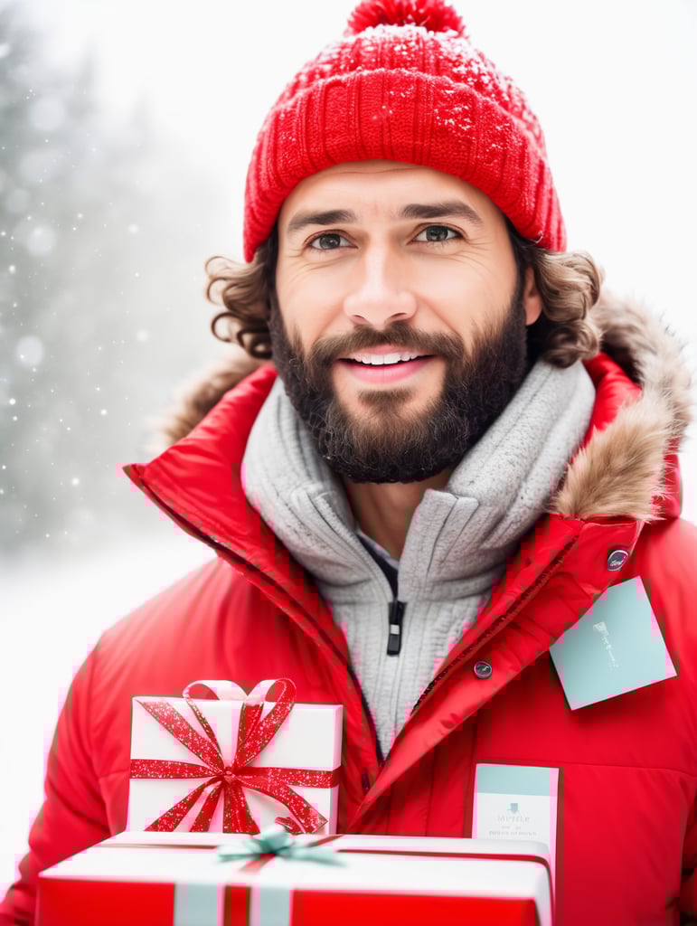 portrait of a bearded curly man wearing red puffer jacket, stands front camera with gift box his hand, snowy weather, Christmas time
