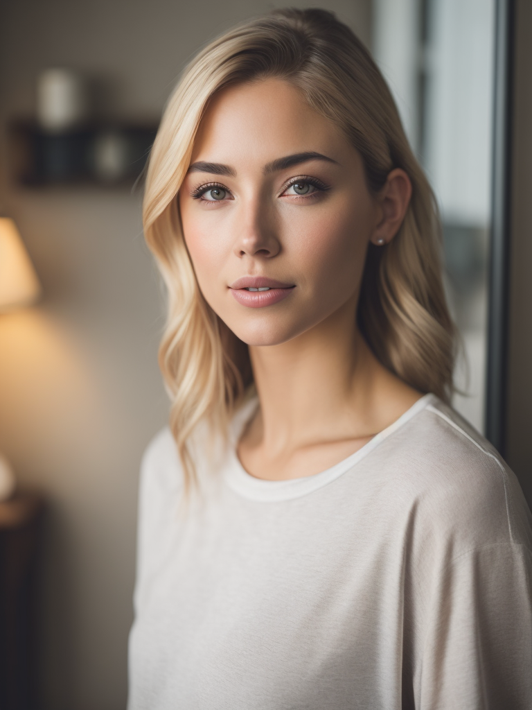 make me high definition - 4k a blonde woman mock up with wide shot angle wearing blank t shirt in scavandian room