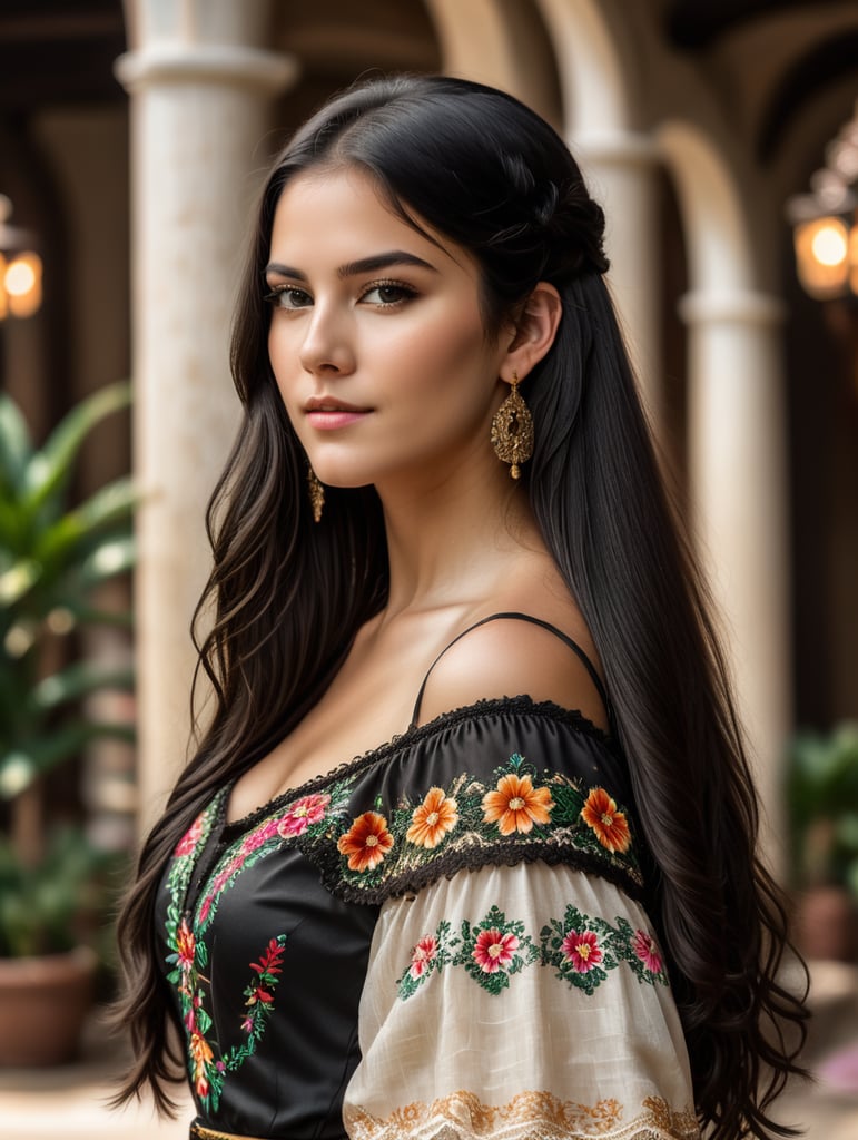 uma linda garota branca com cabelos lisos compridos e pretos ela veste um lindo vestido em um ambiente mexicanos