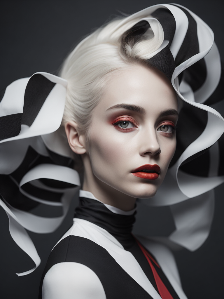 Pale-skinned girl model, wearing a black and white striped dress with a high collar, contrast lighting, Bright red make-up, Black and white curly long hair, dark background, fashion model, magazine cover, professional shot,