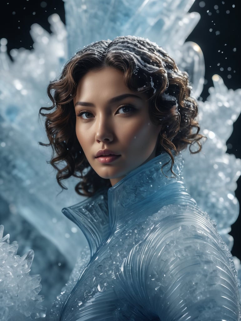 Highly detailed shot of an blueish ice sculpture in the shape of a curly women, full-body shot, dramatic shattering ice background, full motion effects, diagonal view, ice crystal particles everywhere, back light, ultra sharp focus, high speed shot, subtle color, Bioluminescence, high quality