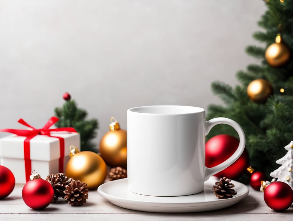 blank White ceramic mug, Christmas style photo, mock up, mockup