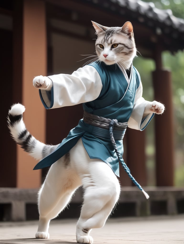 a cat doing Taijiquan. he has long braided ponytail, he looks like Feng Wei from tekken