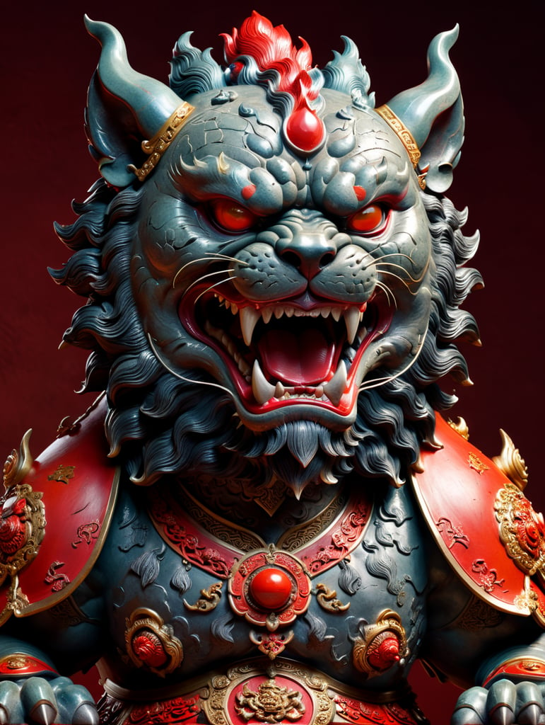 Chinese foo dog rock statue with red solid background