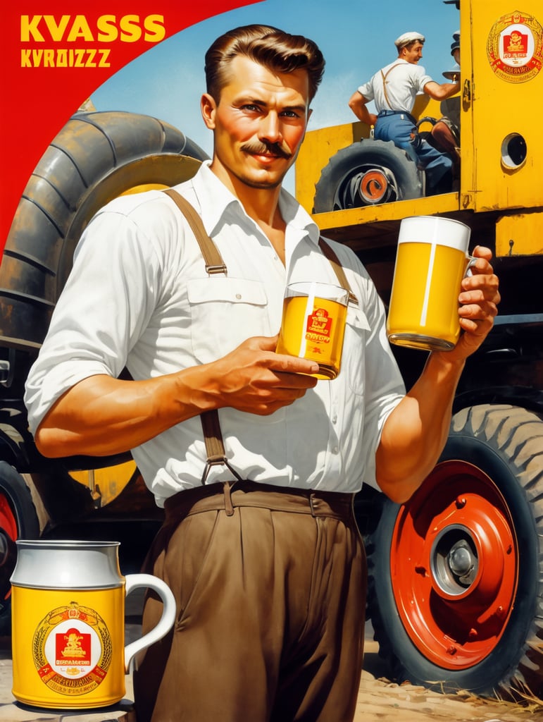 a poster, A Soviet male worker in a white shirt holds a mug of kvass in his hands, in the background a Soviet yellow barrel on wheels with kvass can be seen