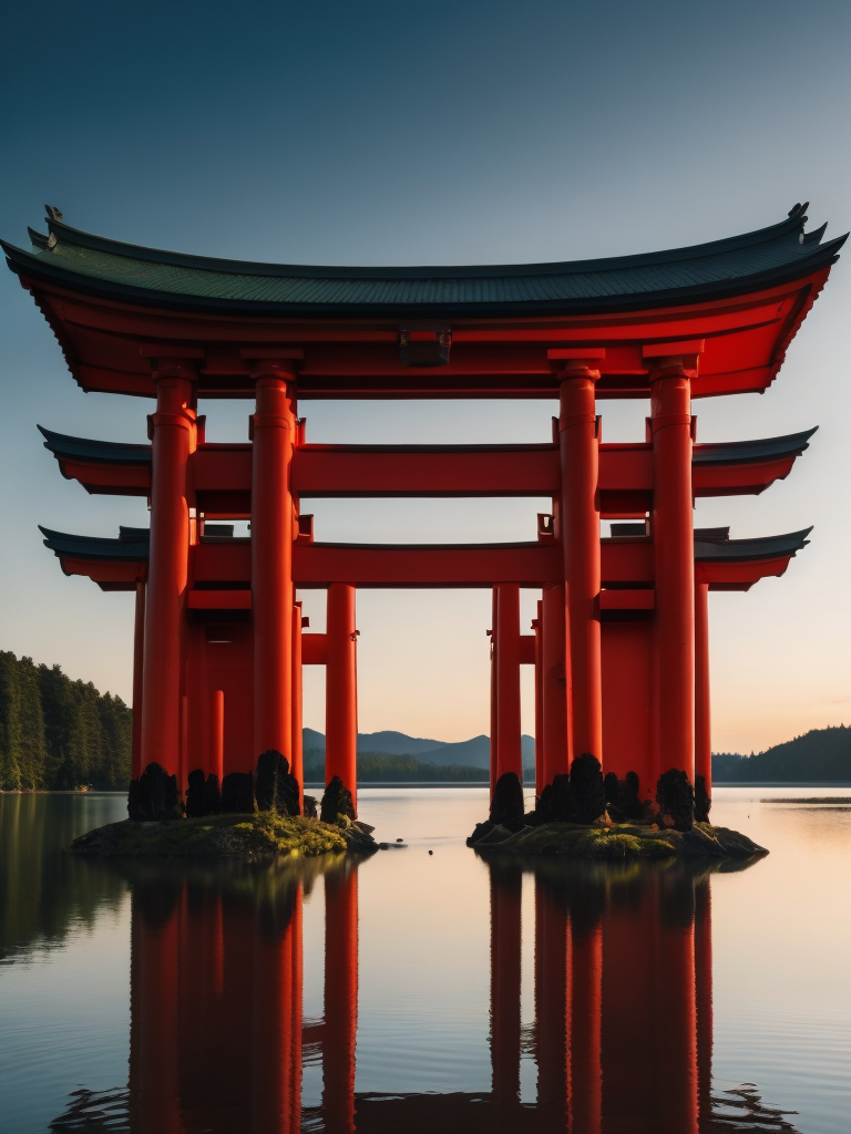 Red torii gate in middle of a lake, Dense forest on the edge of the lake, Bright and saturated colors, Japanese culture, photorealistic, contrast light