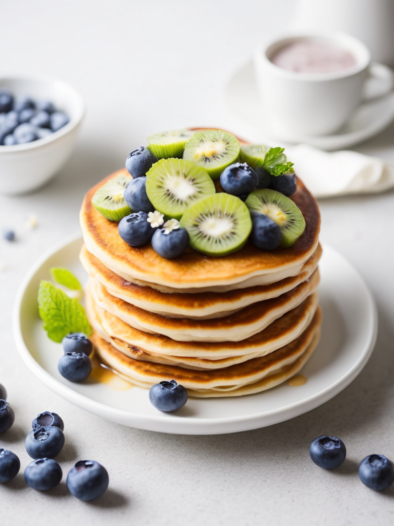 Pancakes with blueberry and kiwi decorated with chamomile flowers, bright atmosphere, Provence, Depth of field, Incredibly high detailed