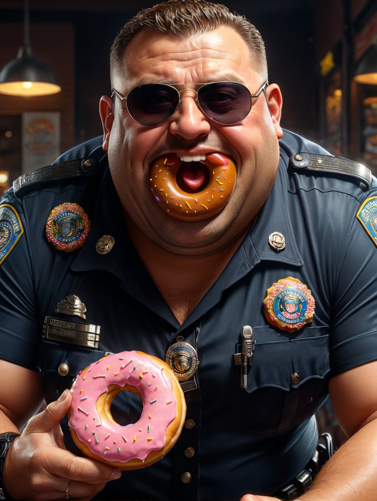 very fat cop eating a donut, happy, sunglasses, image, portrait