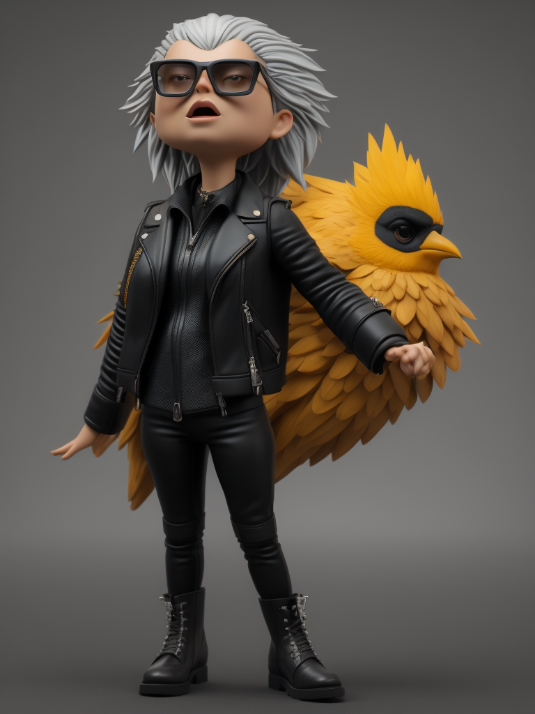 Full body Plastic figurine of a brutal chick, black glasses, leather jacket, black boots, 3d octane render, funko pop,