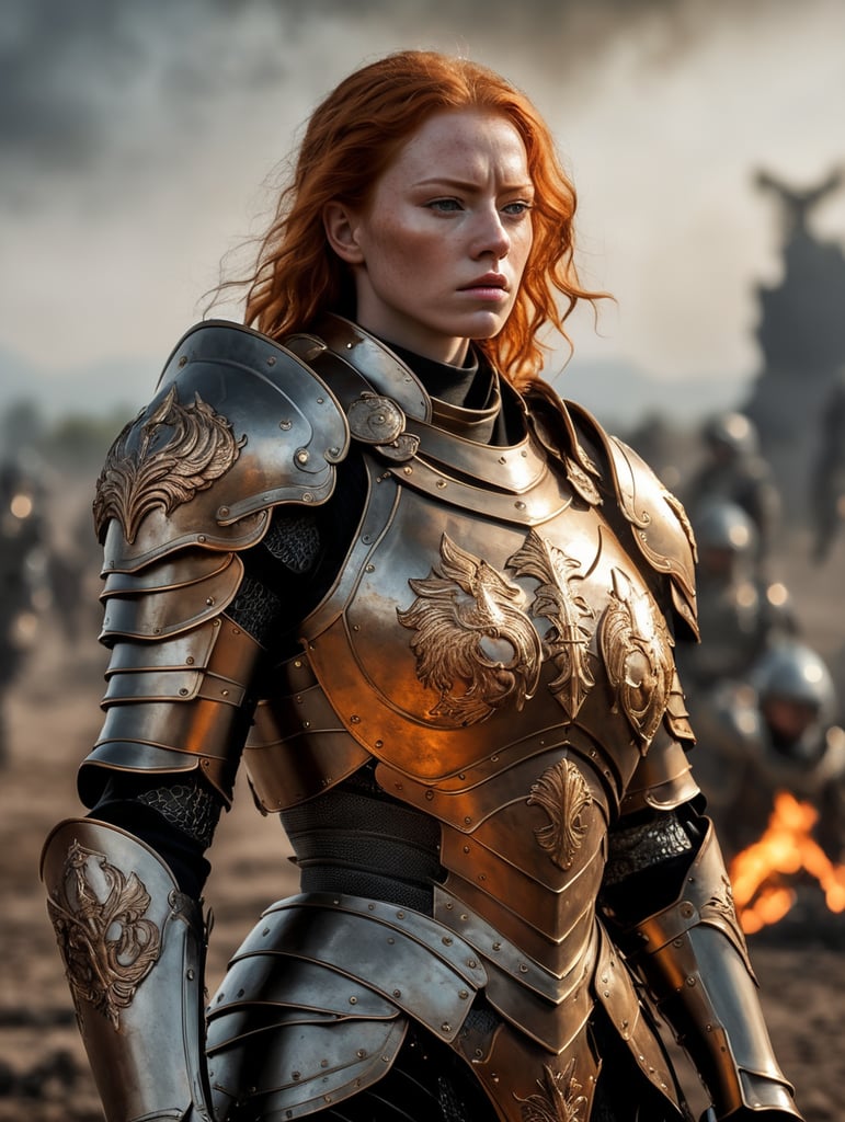 detailed illustration of ginger female divine paladin wearing full plate armor, heavily damaged armor, standing sad on a battlefield, battlefield on fire as background, dirt, misery and decadence, dark ambient, art by Mschiffer, tetradic colors,