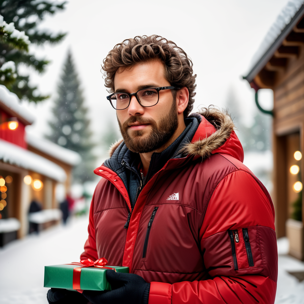 portrait of a bearded curly man wearing red puffer jacket, reeding glasses, stands front camera with gift box his hand, snowy weather, Christmas time, blurry background