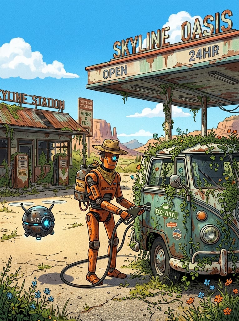 orange robot with straw hat refueling vine-covered van, abandoned gas station, floating spherical drone, bright blue sky, grainy digital illustration, retro-futurism