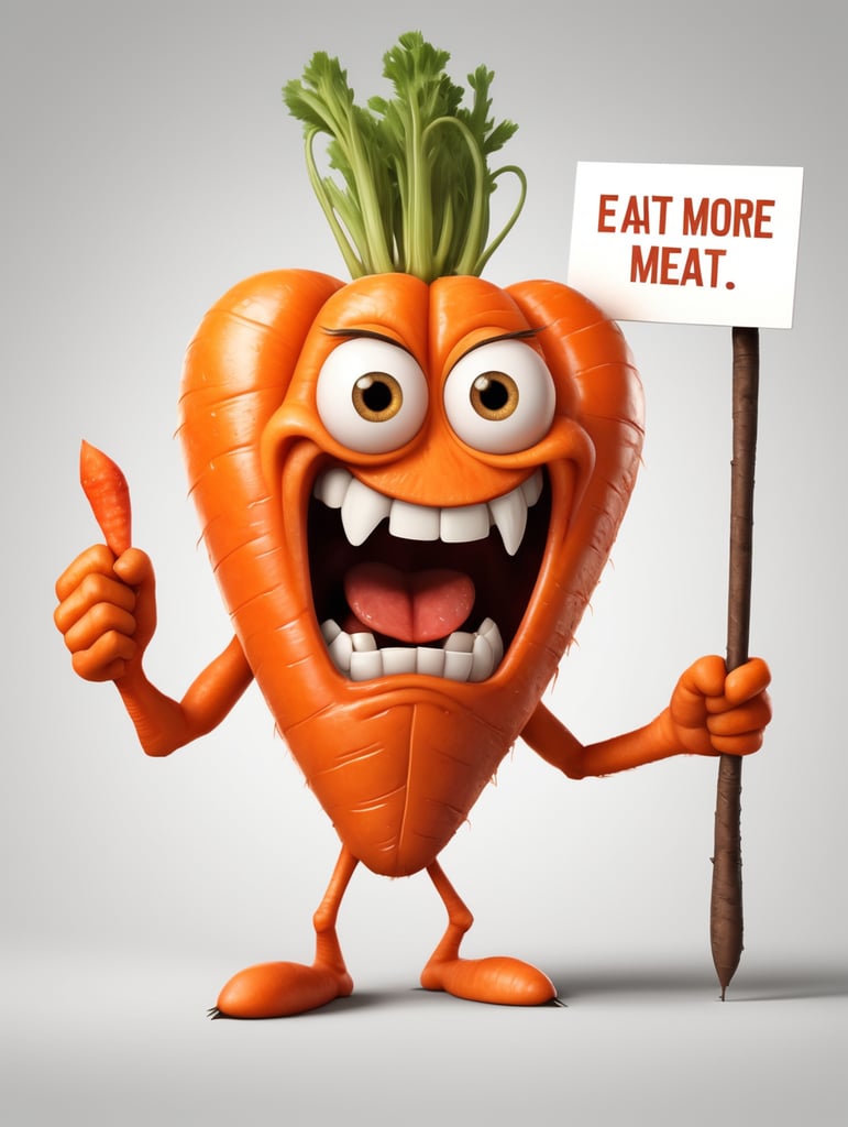 a realistic angry carrot holding a sign "Eat more Meat!", WHITE background, in the pixar style Meat!