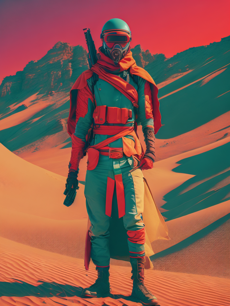 anaglyph-2D Devotion surreal life, full body of a sand raiders man, backdrop is desert, warm color palette, illustration, John Henry Alvin