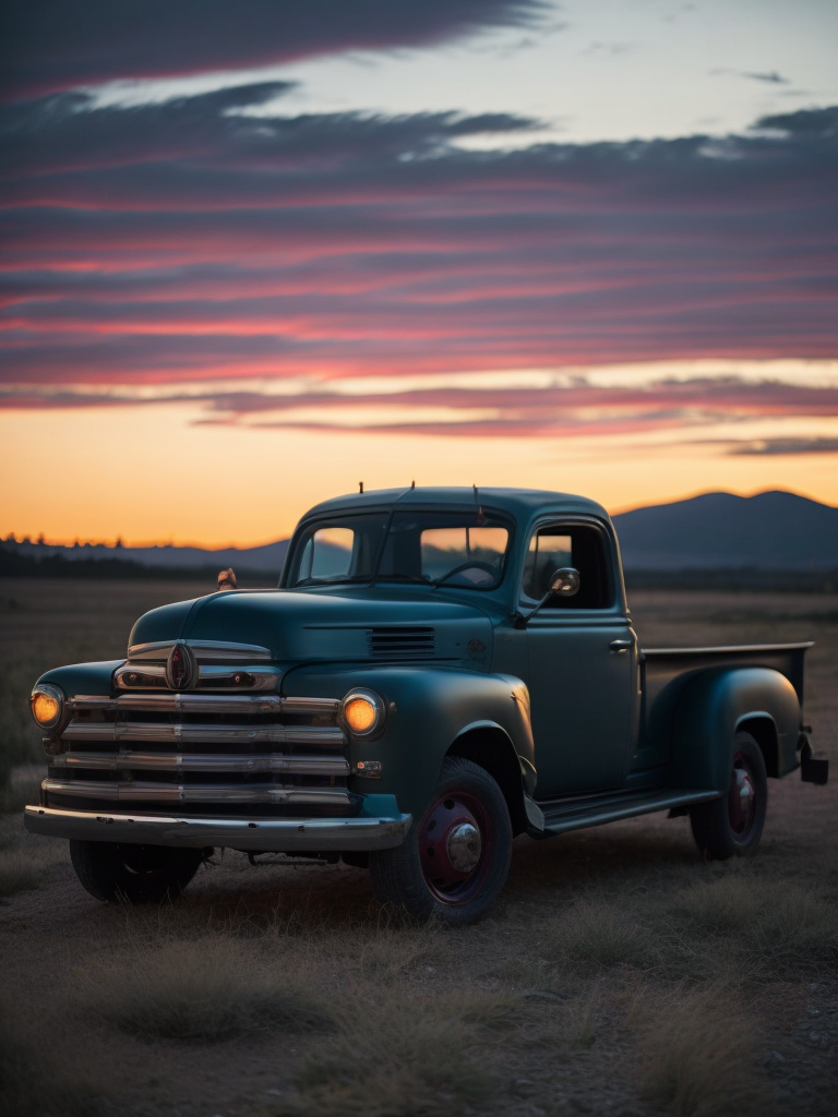 Vintage Pickup Glows at Sunset