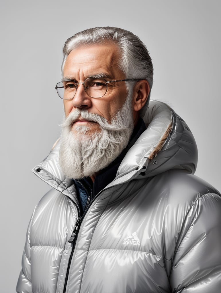 Inflatable white minimalist old man with beard puffer jacket, transparent, isolated, grey background, mockup