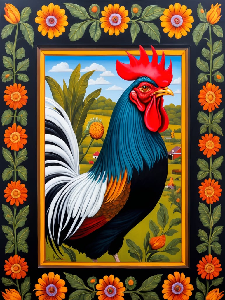 a rooster, style of Catherine Nolin, Painting, Acrylic, Oil, Portrait, Interior, USA