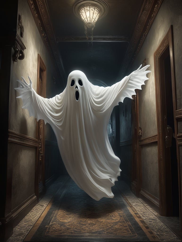 white friendly ghost in 3D flying down a passage with 1 dim light