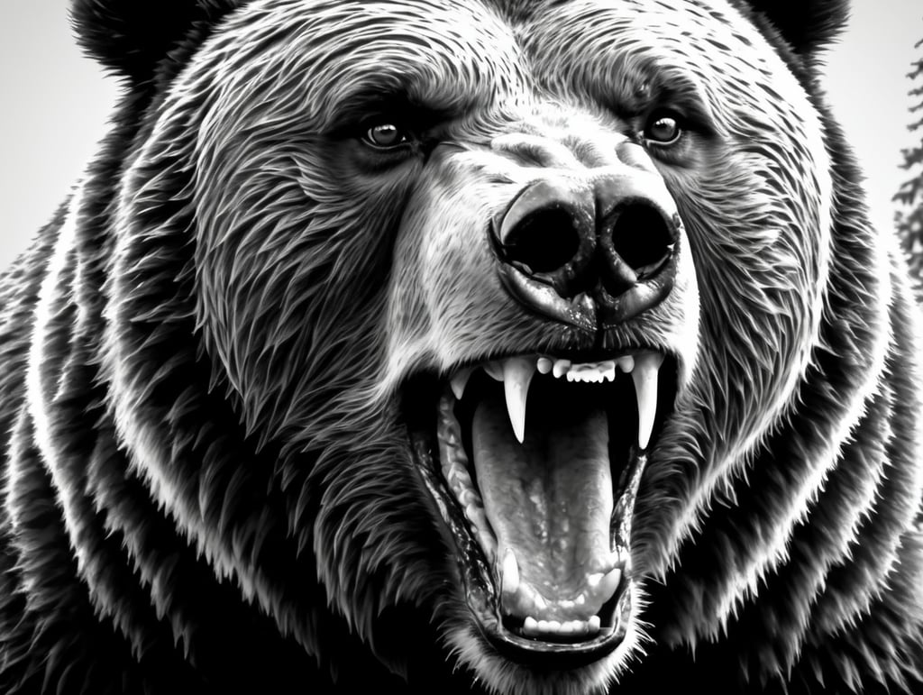 Close-up of an angry bear's face. A toothy grizzly in monochrome style. Animal in the habitat. Illustration for cover, card, postcard, interior design, banner, poster, brochure or presentation