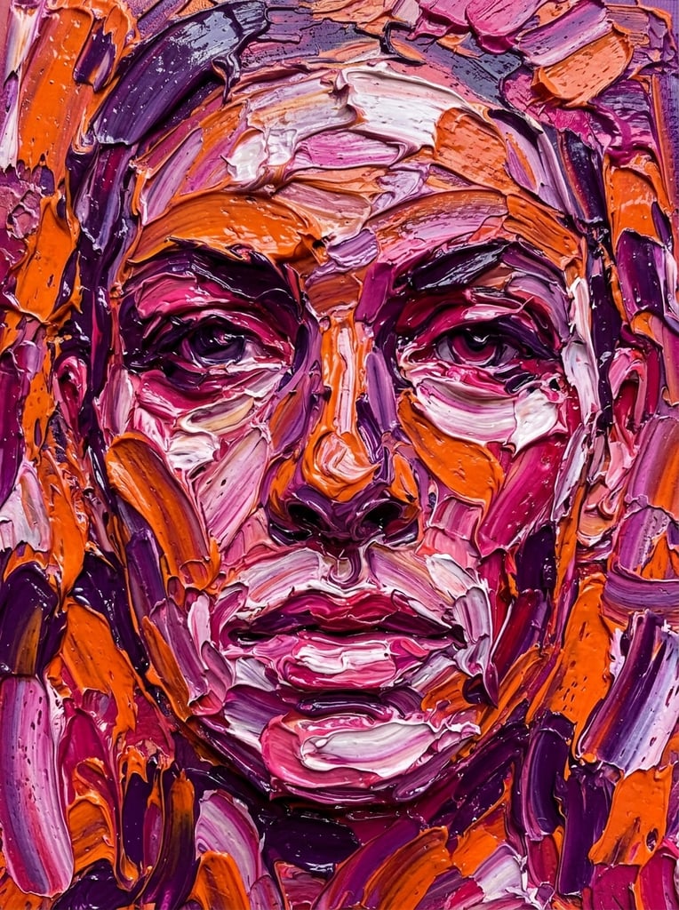 abstract portrait face formed by extremely thick impasto paint, sculptural oil strokes, vibrant orange purple pink and white palette, glossy palette knife texture, heavy ridges, extreme close-up