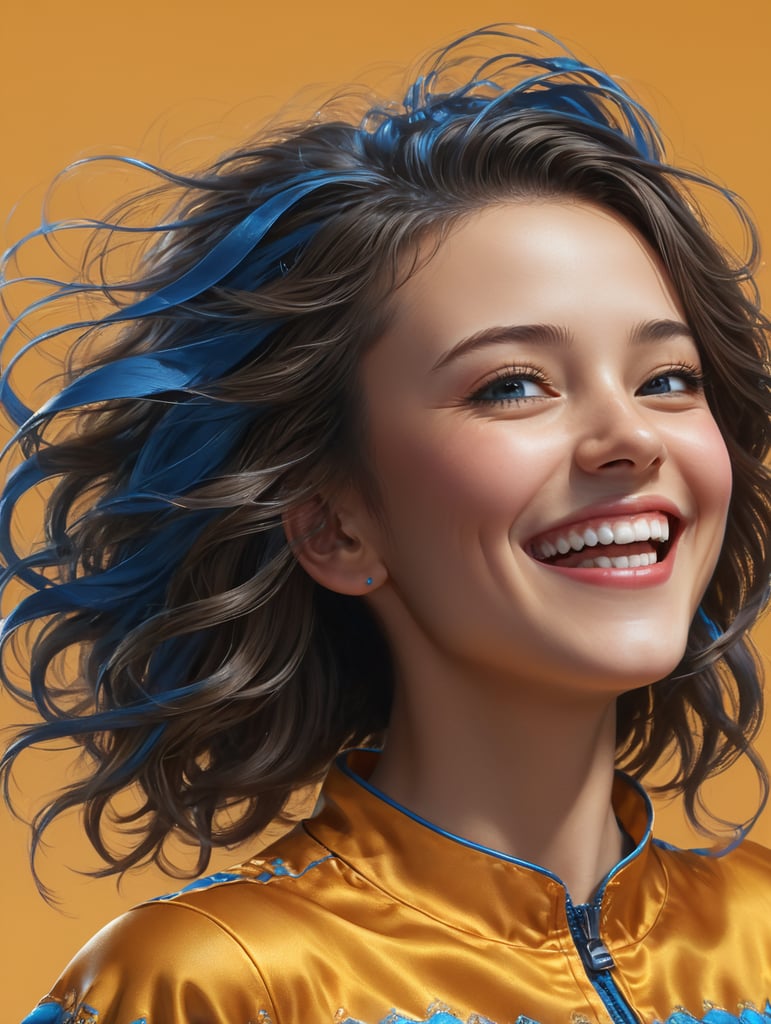 Happy ultra beauty girl, who is smiling and laughing, wearing bright blue clothes. Bright solid Blue background.