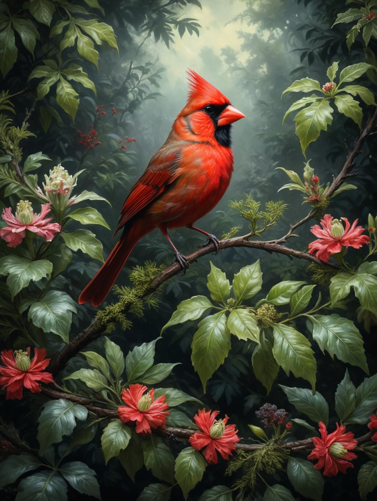 An Edwardian botanical oil painting, illustration of a red cardinal bird on a branch surrounded by flora and fauna