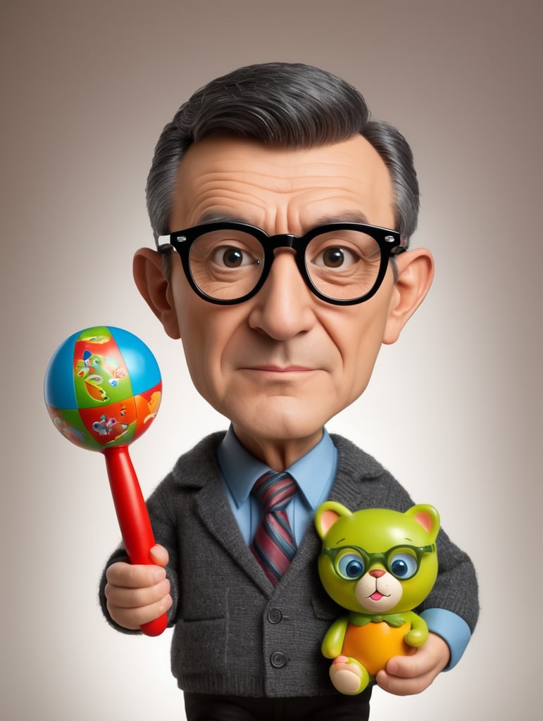 Canadian crook, with an unpleasant face, black reading glasses, holding a children's toy in his hands