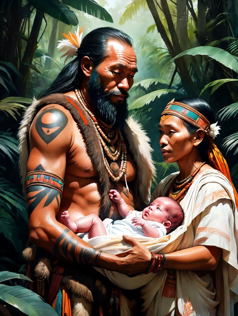 four papa new guinea tribes people in authentic jungle clothing, holding a new born white caucassian baby