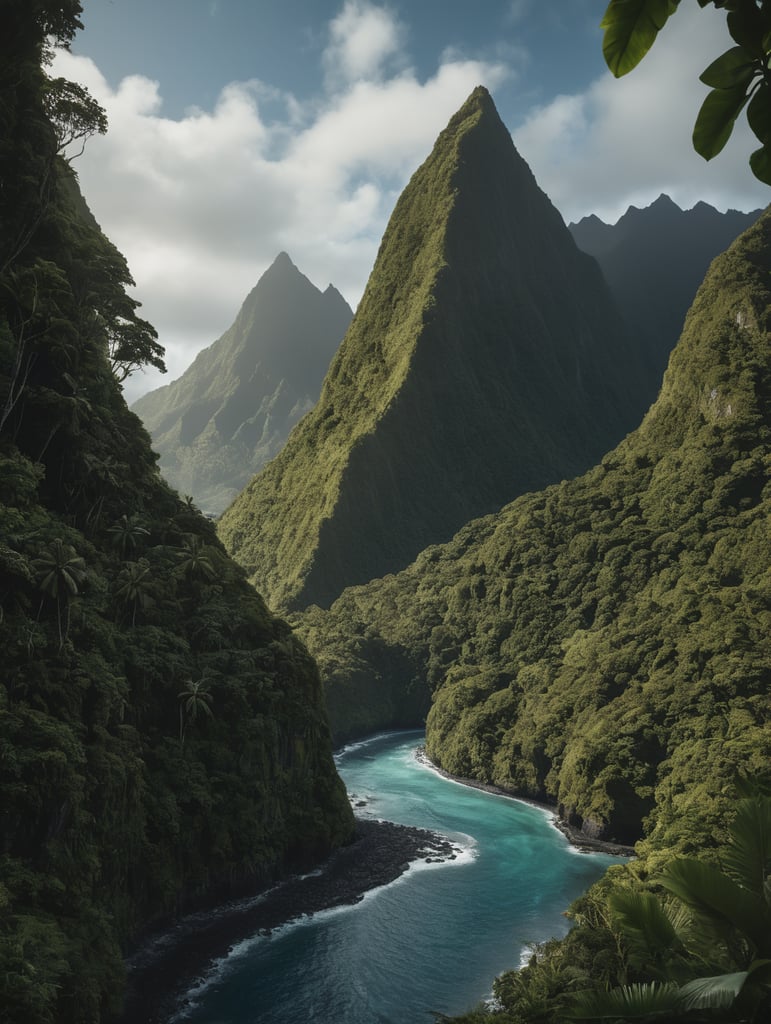 American Samoa, Island with a few Mountains, greenery, river running from ocean into a valley, ocean only on the bottom middle running up to the right